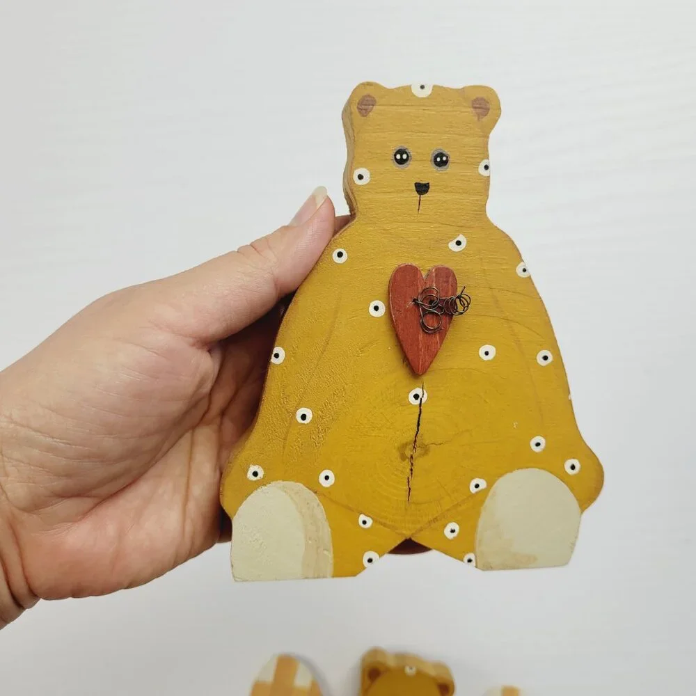 Two Vintage Handmade Folk Art Wooden Bears Angel Wings Heart Hand Painted polka.